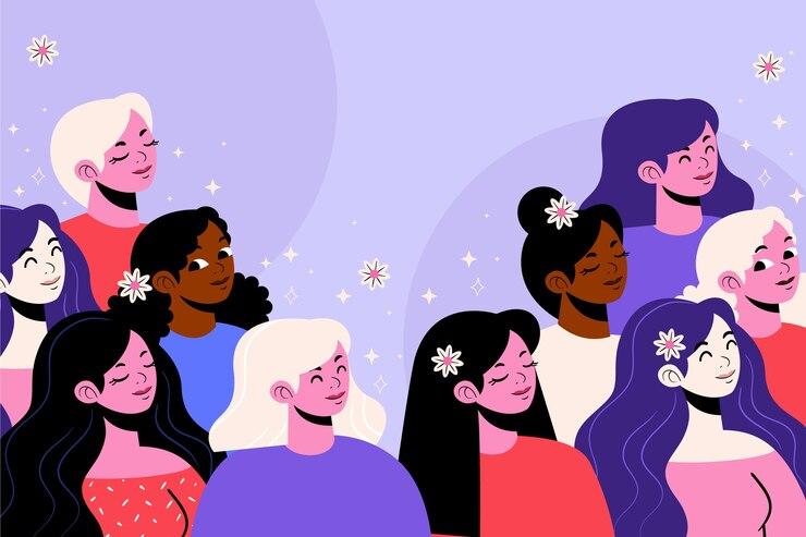 Illustration of Different Women at the Purple Background