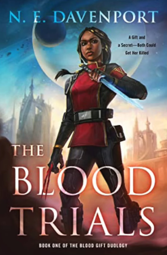 A heroine wields a sword on "The Blood Trials" cover by N.E. Davenport