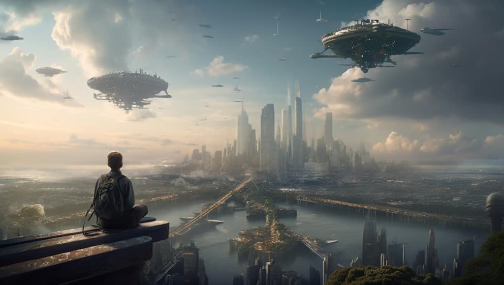 A person sits overlooking a futuristic cityscape with floating ships above