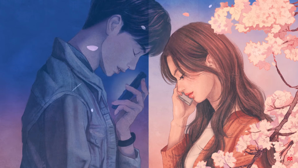 Illustration of a young man and woman, speaking on phones, separated by cherry blossoms