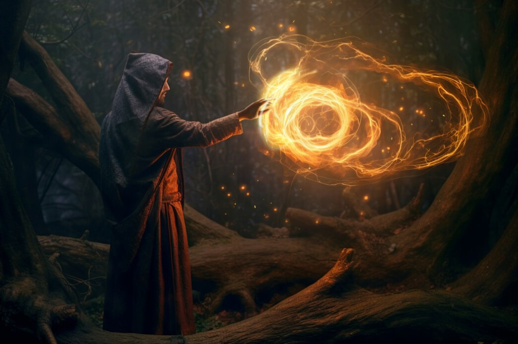 A cloaked figure conjures a fiery magic swirl in a mystical forest